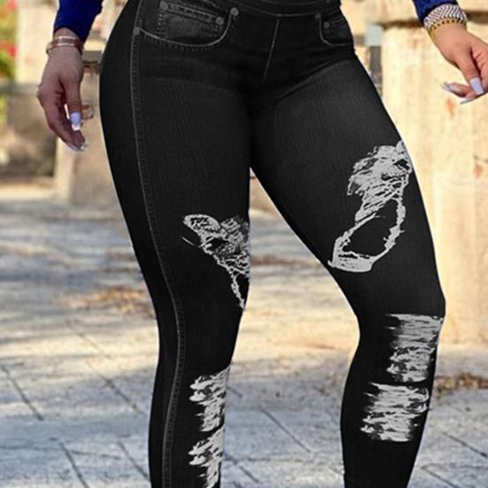 Women Pants High-Elastic Tight-Fit Fabric Imitation Jeans Leggings with Pockets Printing Ergonomic Tailoring Yoga Pants