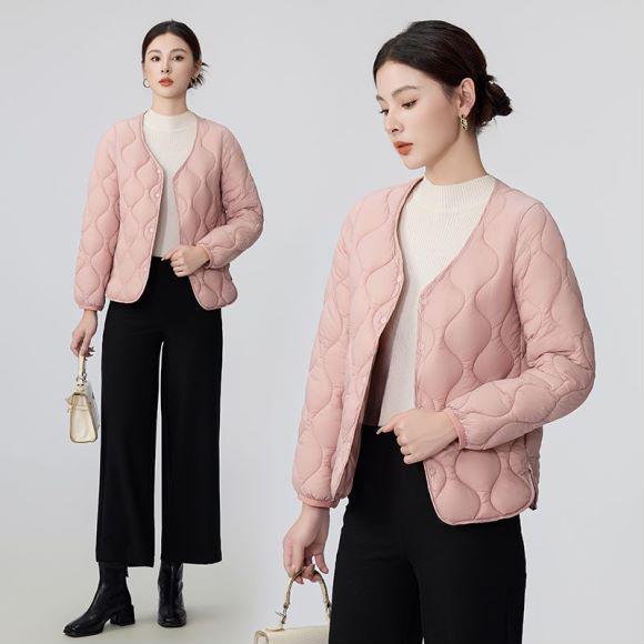2026 Women's V-neck Geometric Down Cotton Jacket, Short Slimming Style for Autumn and Winter.