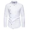 Camisa de vestir blanca para hombre con cuello mao asimétrico, botones asimétricos, manga larga, corte slim