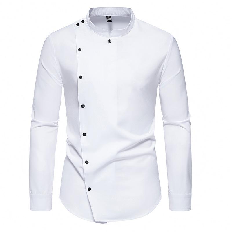 Camisa de vestir blanca para hombre con cuello mao asimétrico, botones asimétricos, manga larga, corte slim