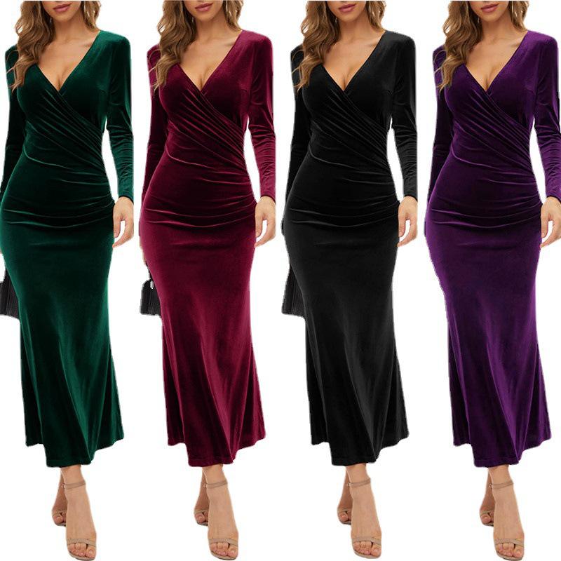 

Elegant European & American V-Neck Velvet Fishtail Cocktail Evening Dress L