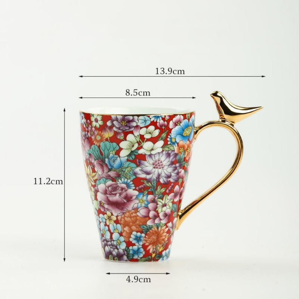 

Nordic Style Retro Flower Pattern Ceramic Mug With Bird Handle Enamel Porcelain Engraved Cold Coffee Mug Cup 301-400ml