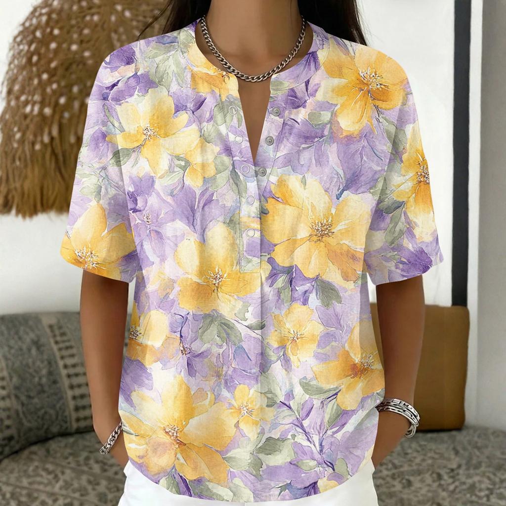 Women Fashion Floral Print V Neck Blouse Short Sleeve Pullover Top Lightweight Casual Shirt