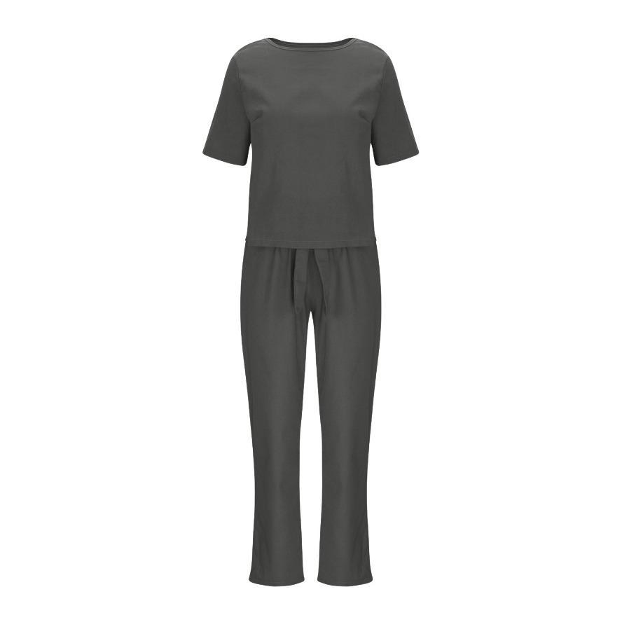 Women's Plus Size Cotton Retro Short Sleeve Crew Neck Straight Leg Tied Trousers Sets