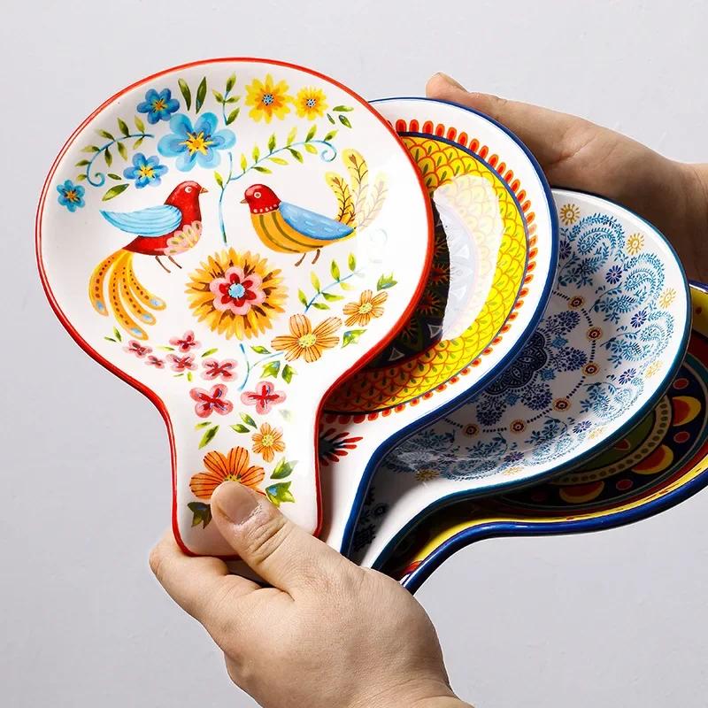 Specialty Restaurant Ceramic Plates, Creative Spoon Shaped Flower and Bird Patterned Snack Plates, Irregular Dessert Plates