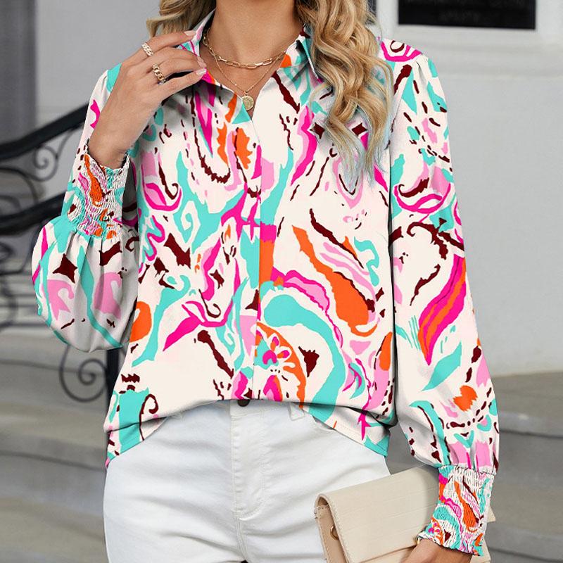 Lantern-sleeved Printed Long-sleeved Lapel Blouse Is Fashionable, Simple and Energetic, Loose and Versatile Ladies Shirt