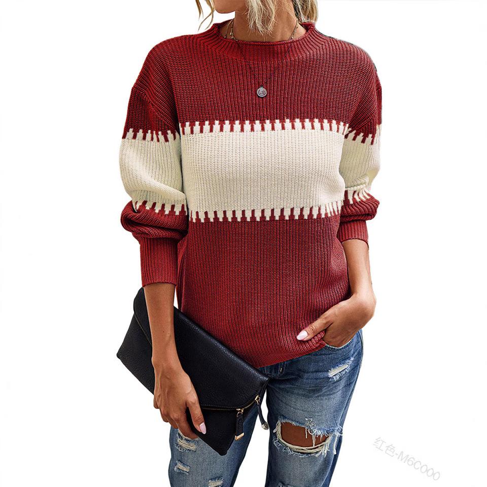 Contrast Colour Striped Knitted Sweater for Women Bell Sleeves Top Women's Round Neck Luxurious Relaxed-fit Slimming and Versatile Top