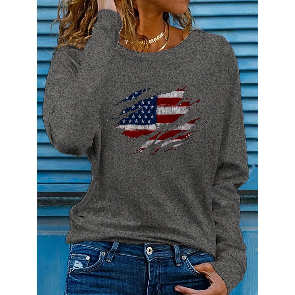 Women's Spring and Autumn Comfortable Casual Fashion Long Sleeve American Flag Pattern Printed Round Neck T-shirt