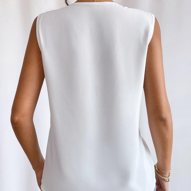 Summer New Pleated V-neck Solid Loose Shirt Women Sleeveless Elegant Casual Woman Blouse Vintage Fashion Office Lady Plus Size Blouses Tops 24716