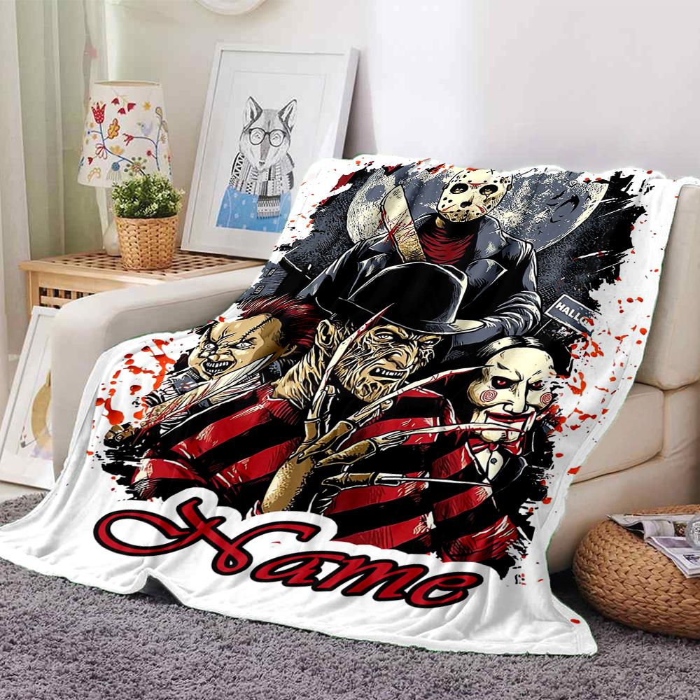 Custom Name Halloween horror Theme Printed Blanket - Perfect for Couch, Bed, Travel & Outdoor Use | Machine Washable, Cozy & Durable.