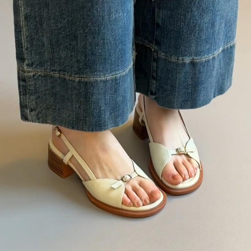 Sheepskin version~ Wear one-pedal sandals for women's one-button leather soft-soled versatile thick-heeled open-toed shoes