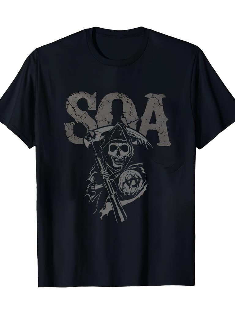 Men's SOA Motorcycle T-Shirt Heavyweight Gang Apparel with SOA Logo Wheel Print Short Sleeve Te