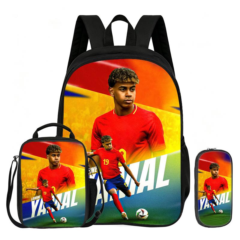 Football Sport Backpack with Lunch Bag Pencil Bags 3Pcs Set L-Lamin Yamal School Backpack Bookbag Football Star Knapsack