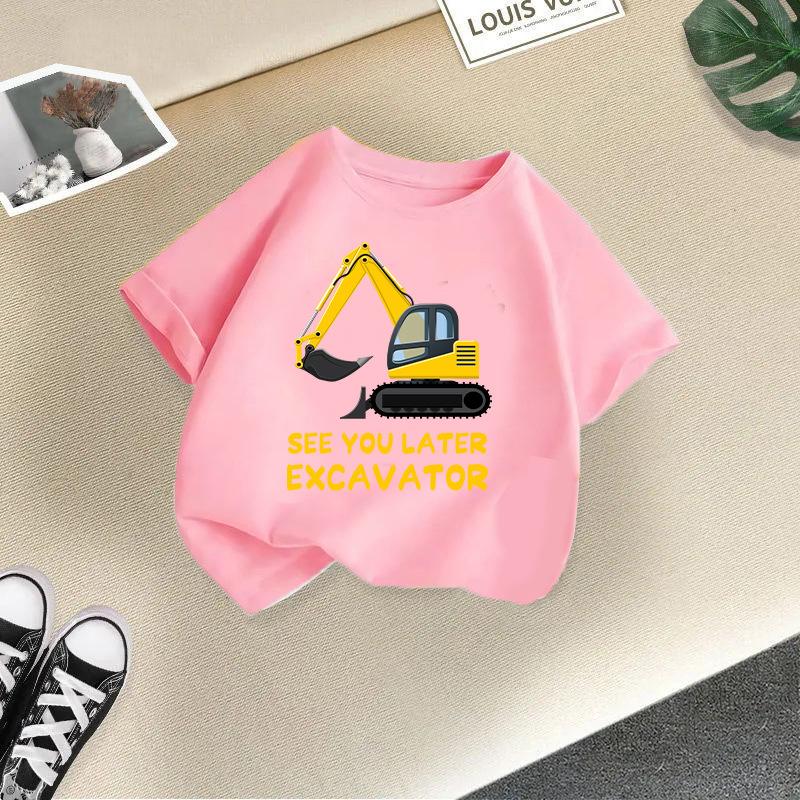 2025 Children Cute Excavator T-Shirt Combination Cartoons Bulldozer Tee Shirts Kawaii Kid Casual Clothes Girl Boy Harajuku Tops