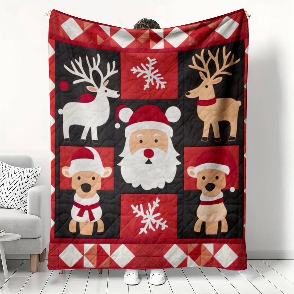 Christmas Santa & Reindeer Patchwork Fleece Blanket, Festive Snowflake Throw Blanket, Soft Cozy for Winter Holiday Home Gift 30x40in