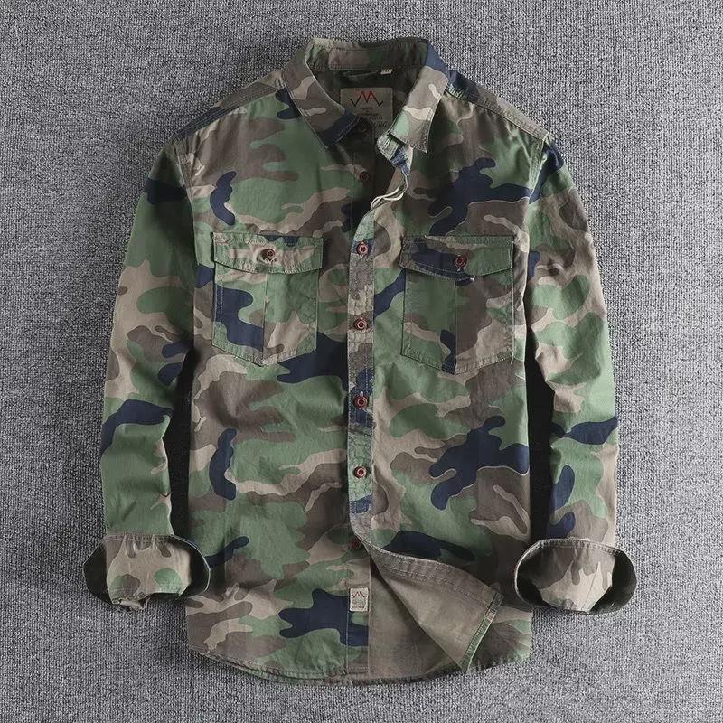 

Men s Camouflage Double Pocket Washed Long-Sleeve Workwear Shirt