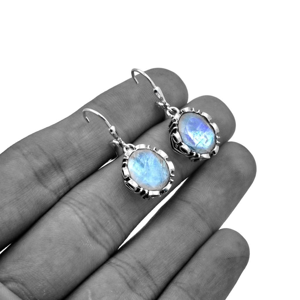 Natural Moonstone Dangle Earrings: 925 Sterling Silver Gemstone
