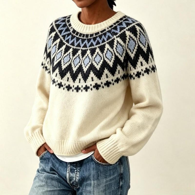 Womens Loose Fit Round Neck Fair Isle Knit Sweater Colorblock Pullover Fall Winter