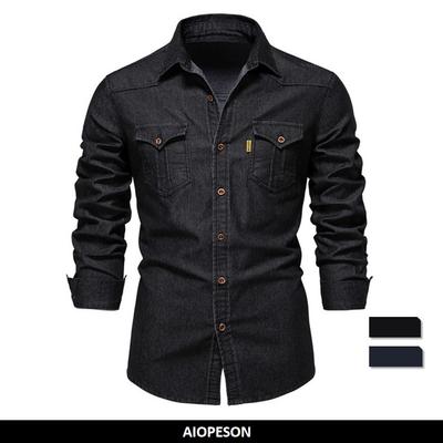 AIOPESON Men's Denim Shirts Cotton Elastic Quality Long Sleeve Shirts Men's Fashion Casual Slim Fit Men's Designer Clothing