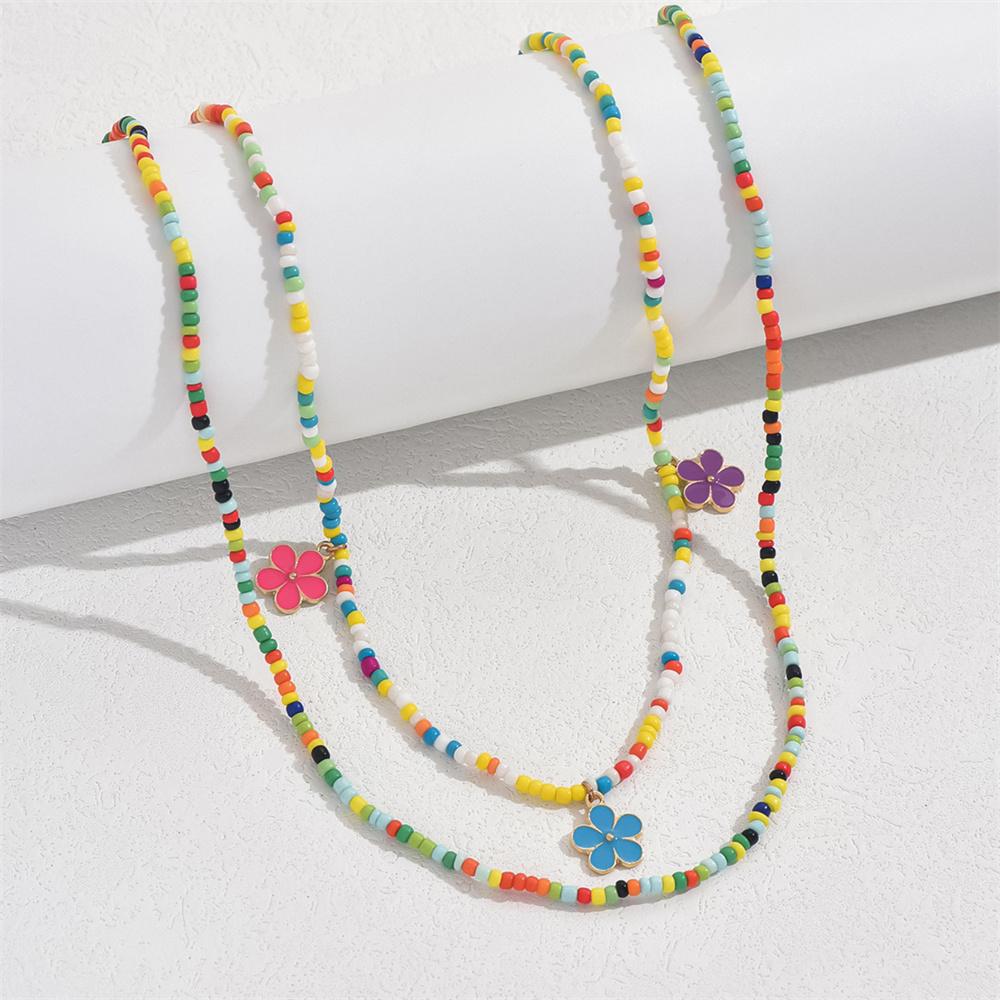 Pink Purple Blue Small Flower Pendant Anklets For Women Rainbow Beads Foot Chain Beach Jewelry Ankle Bracelet Summer Accessories
