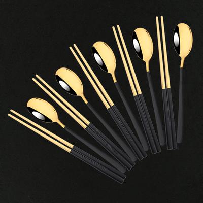 5 takım siyah altın taşınabilir seyahat çatal bıçak kaşık seti çubuklarını kaşık 304 paslanmaz çelik kore yemek takımı seti lüks sofra seti