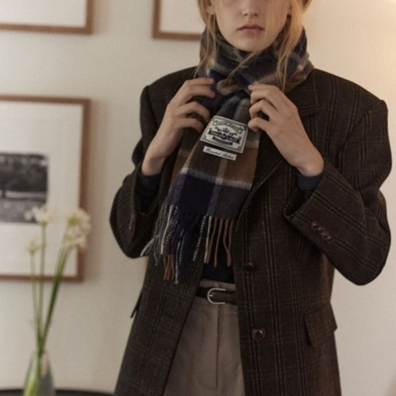 NONLOCAL Täglicher Wollschal mit Karomuster - Marineblaues Karomuster