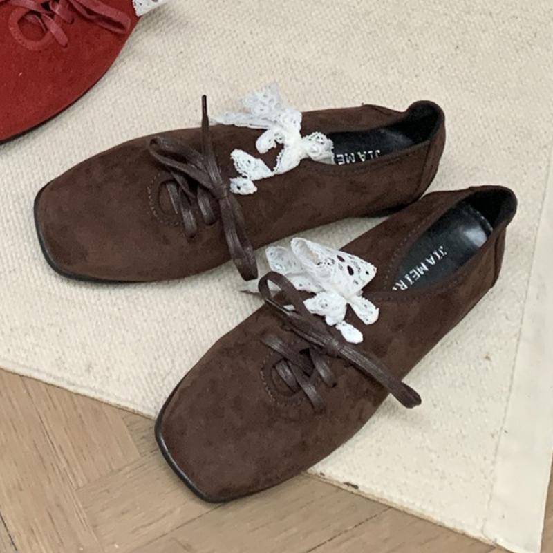 Fashion High Quality Faux Suede Flats Women Retro Square Toe Lace Up Bow Designer Shoes Comfortable Soft Sole Loafers Sandalias De Mujer
