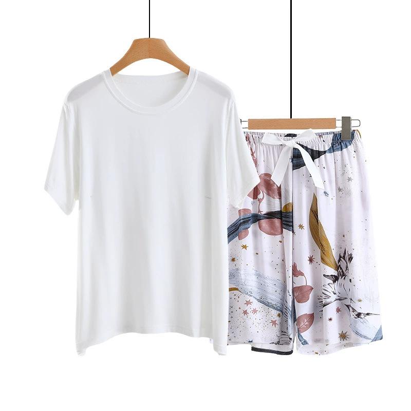 Summer Solid color Tshirts and Print shorts Simple Homewear O-Neck Loose Tshirts and Poplin short pants Casual sleepwear suits
