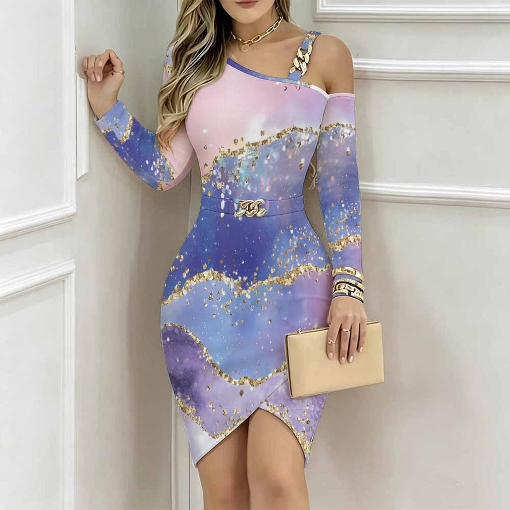 Women Plus Size Asymmetric Cold Shoulder Long Sleeve Blue Purple Gold Fluid Art Print Irregular Wrap Bodycon Midi Dress