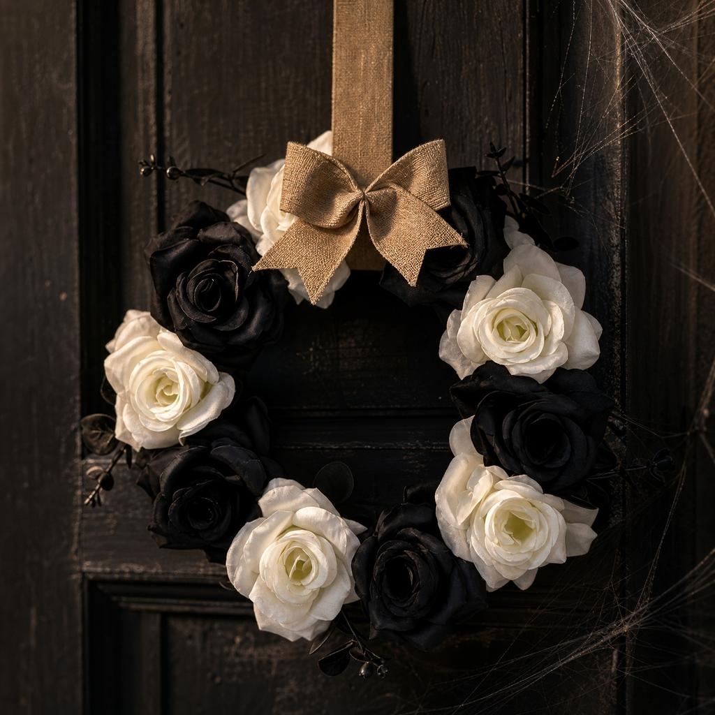 30cm Halloween Rose Bowknot Decorative Wreath for Decor