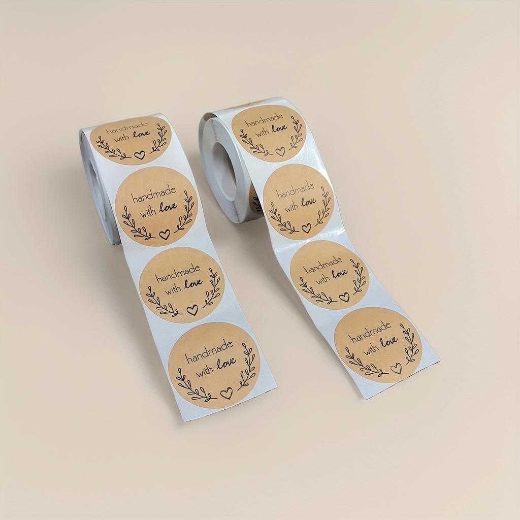 500pcs Handmade Kraft Paper Stickers - 3.81cm X 3.81cm Round Labels with "Handmade with Love" Design, Heart & Floral Patterns