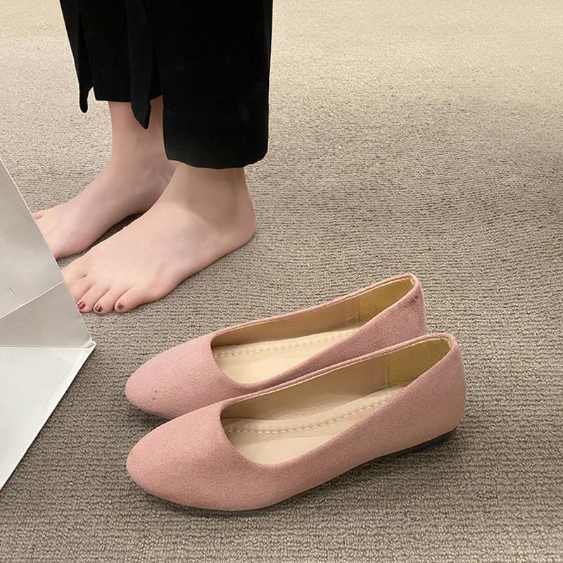 Suede Single Shoes Women's Flat Bottom Solid Color Pointed Low Heel Lazy Versatile Pregnant Women's Ladyshoes Cloth Shoes Large Size Women's Shoes