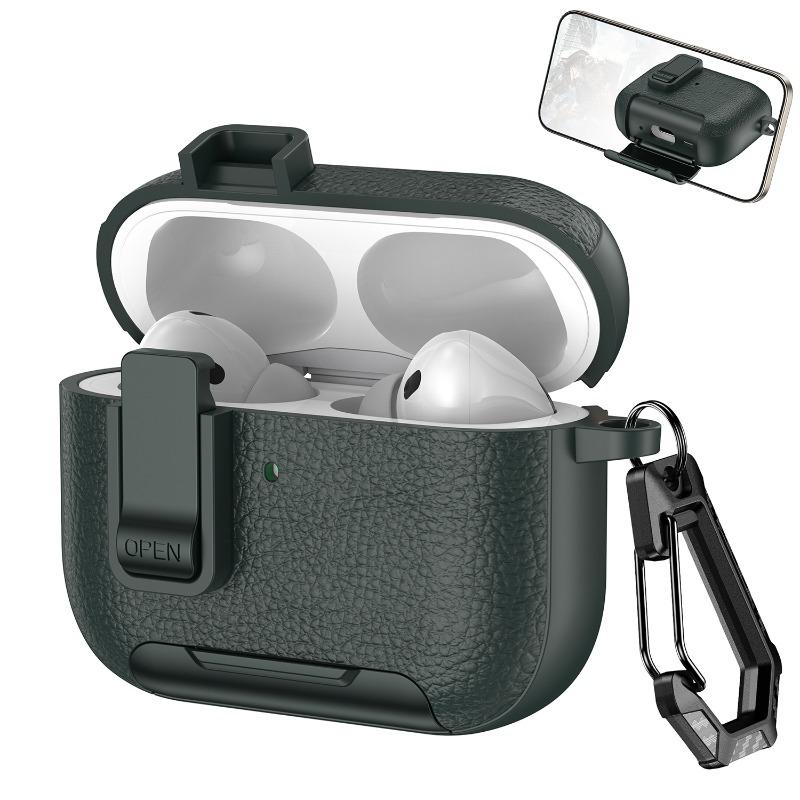 

Противоударный защитный чехол с крючком для AirPods Pro 3, кожаный бизнес-чехол для наушников с подставкой для телефона, чехол с замком безопасности зелёный