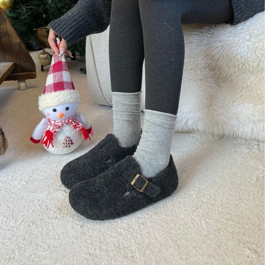 2025 autumn new matte belt buckle thick-soled outer wear half-drag lazy warm trendy women cotton velvet single shoes