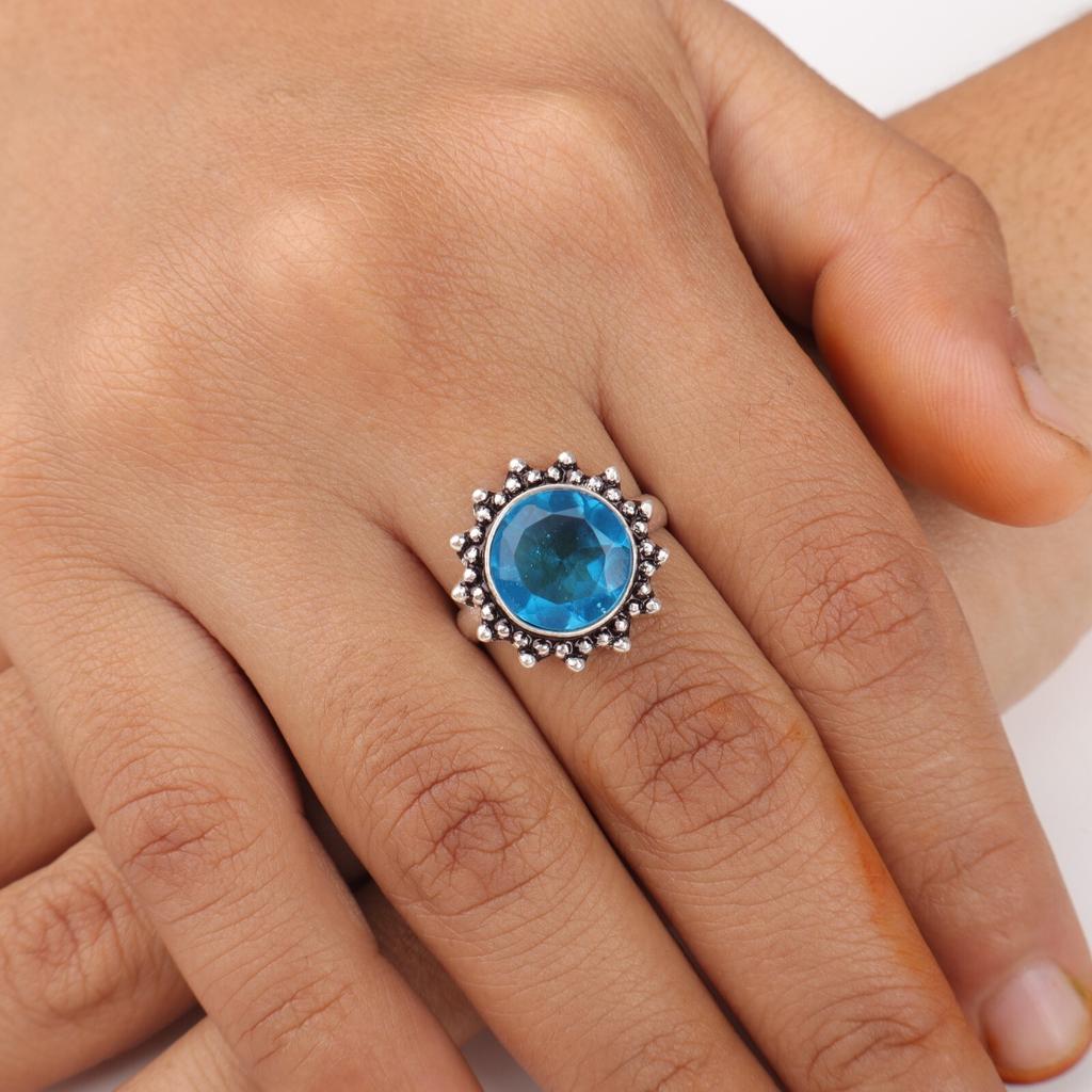 Swiss Blue Topaz Gemstone 925 Sterling Silver Jewelry Handcrafted Ring For Women RR-7-8