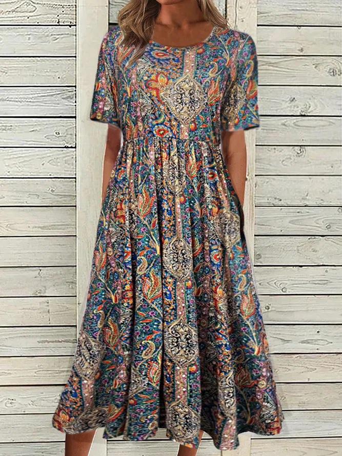 

Summer New Women s Crew Neck Short Sleeve Long Dress Bohemian Print Dress Women 5XL
