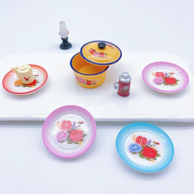 5Pcs Dollhouse Miniature Supplies Chinese Double Happiness Food Plate Miniatures Kitchen Accessory