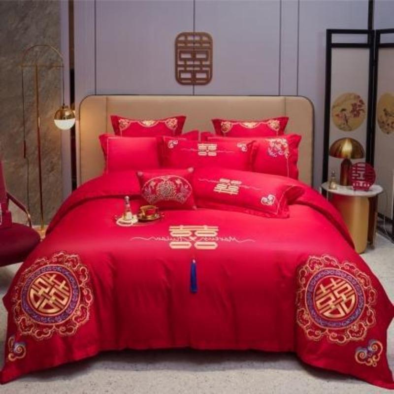 New Chinese style big red embroidery wedding quilt cover polished wedding room bedding wedding four-piece multi-piece set