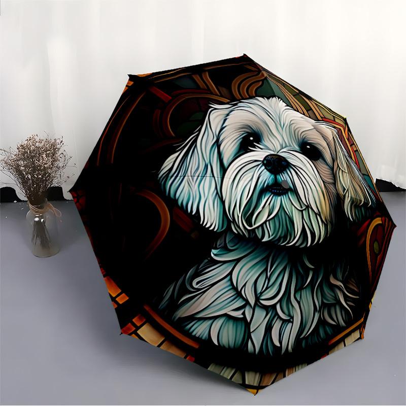 1pc Stained Glass Dog Automatic Folding Umbrella, Sturdy And Durable Automatic Folding Umbrella with 8 Ribs, Convenient for Outdoor Use095
