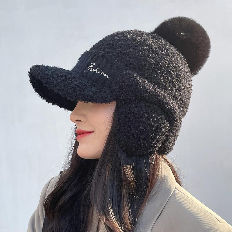Korean Version of Women's Hats Autumn and Winter Rabbit Fur Duck Tongue Cycling Thermal Hat Casual Versatile Winter Ear Protection Knitted Wool Hat