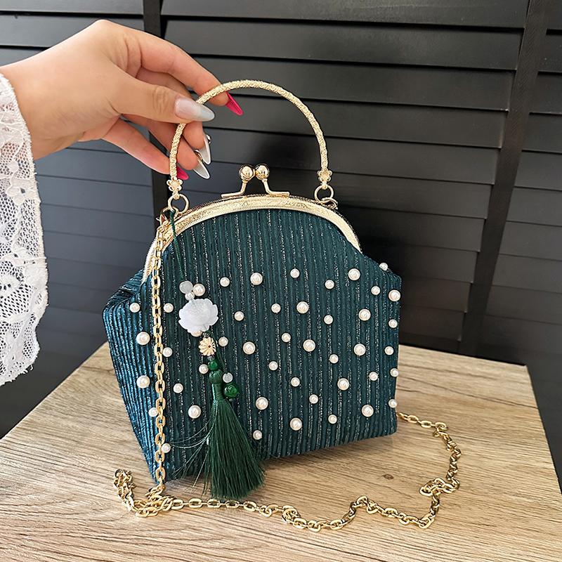 

New Pearl Embroidery Ladies Handbag with Flower Tassel Decor Single Shoulder Bag Metal Chain Crossbody Bag for Women
