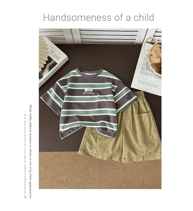 2025 Summer Boys' Pure Cotton Striped T-Shirt Set - Short & Half Sleeve Options