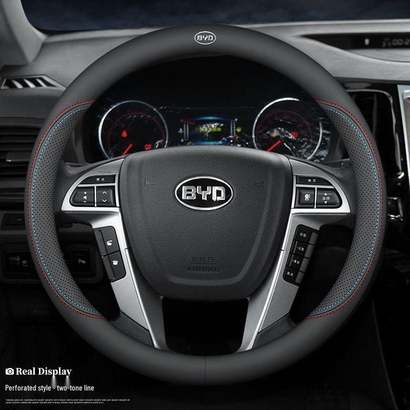 BYD New Energy Genuine Leather Steering Wheel Cover - Ultra-thin, All-season for Han, Tang, Qin, Song, MAX, Yuan, E2F3 models.
