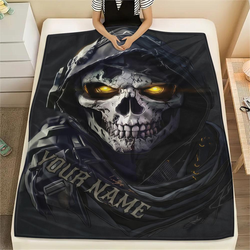1PC Custom Name Skull Warrior Artwork Patterned Flannel Blanket Suitable For All Seasons for Home Decor Warmth and Comfort Gifts Holiday Present_lx