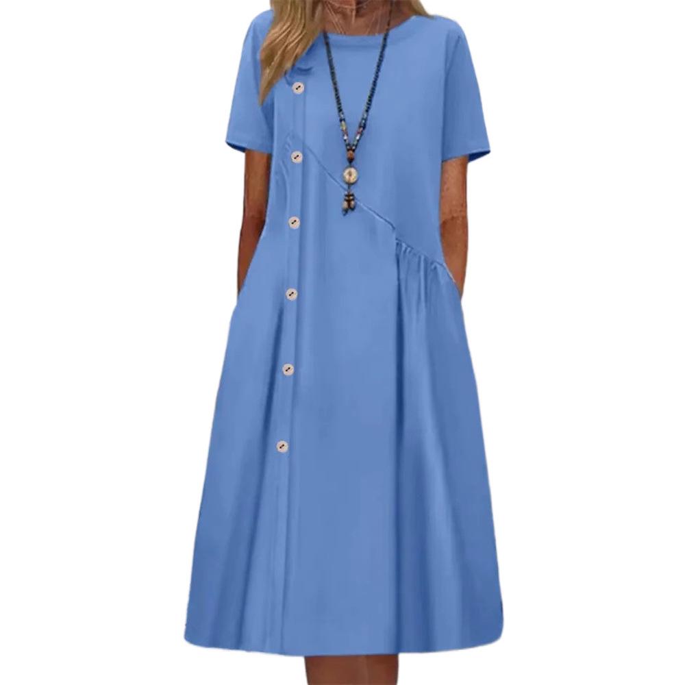 2024 Casual Mid-Length Dress with Button and Ruched Pocket Design