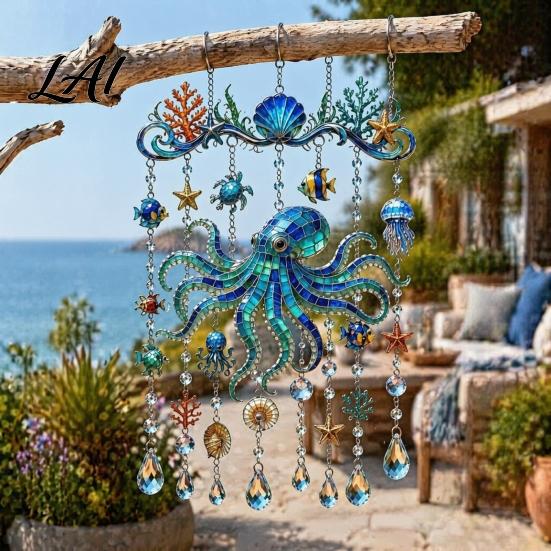 Balcony Hanging Decor Ocean-Themed Wind Chime Decoration Animal Sun Catcher with Faux Crystal Drops Tropical Fish Garden Decoration Stained
