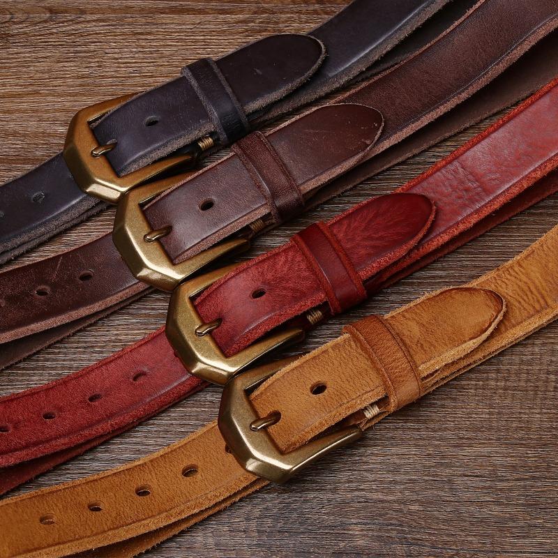 Thickened large copper buckle extra thick beveled edge retro matte leather belt men's first layer cowhide casual belt