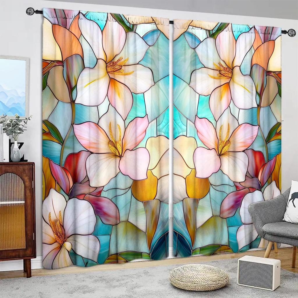 2 Panels Stained Glass Flower Pattern Window Curtains- Heat-insulating   Suitable for Decorating Curtains In Various Rooms