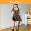 Leopard American Print Y2k Vintage Sexy Dress Women Irregular Design Lace Strap Dress Evening Party Style Summer Fashion