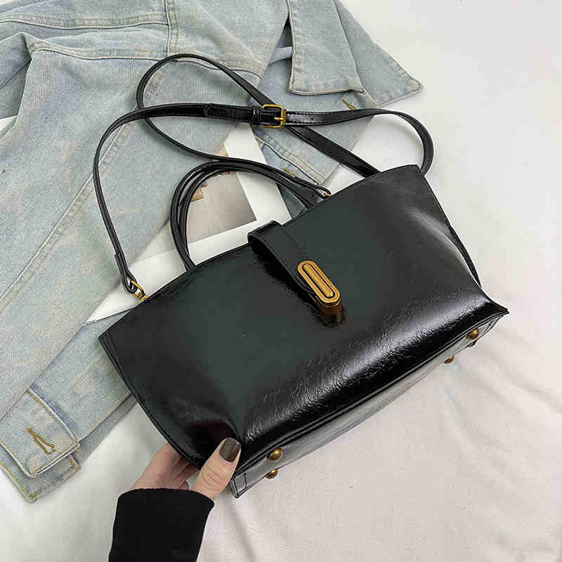 High-grade PU Leather Tote Bag For Women's 2025 Autumn Winter New Single Shoulder Bags Retro Versatile Solid Color Handbag